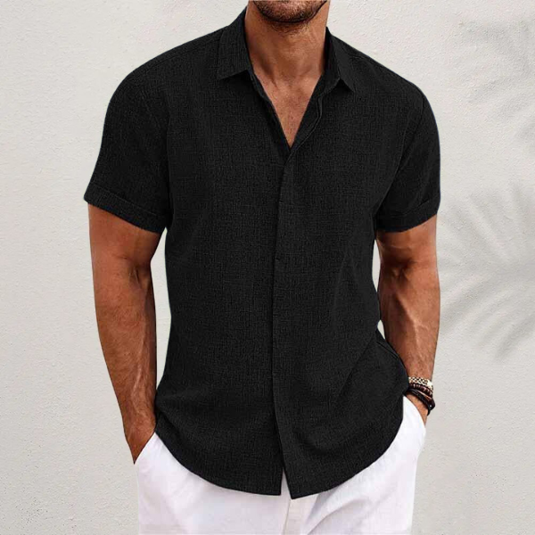 Short Sleeve Linen Blend Shirt Spread Collar Tapered Fit – Narro