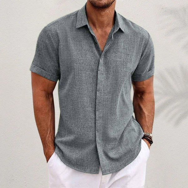 Short Sleeve Linen Blend Shirt Spread Collar Tapered Fit – Narro