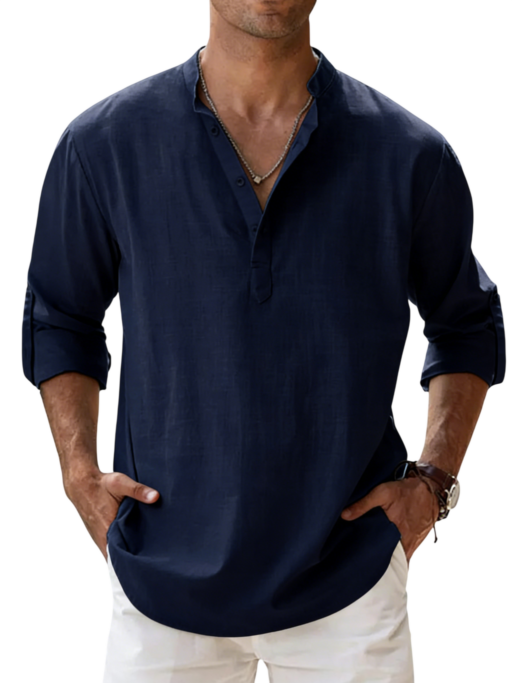 Men's Linen Cotton Blend Long Sleeve Stand Collar Shirt – Strand