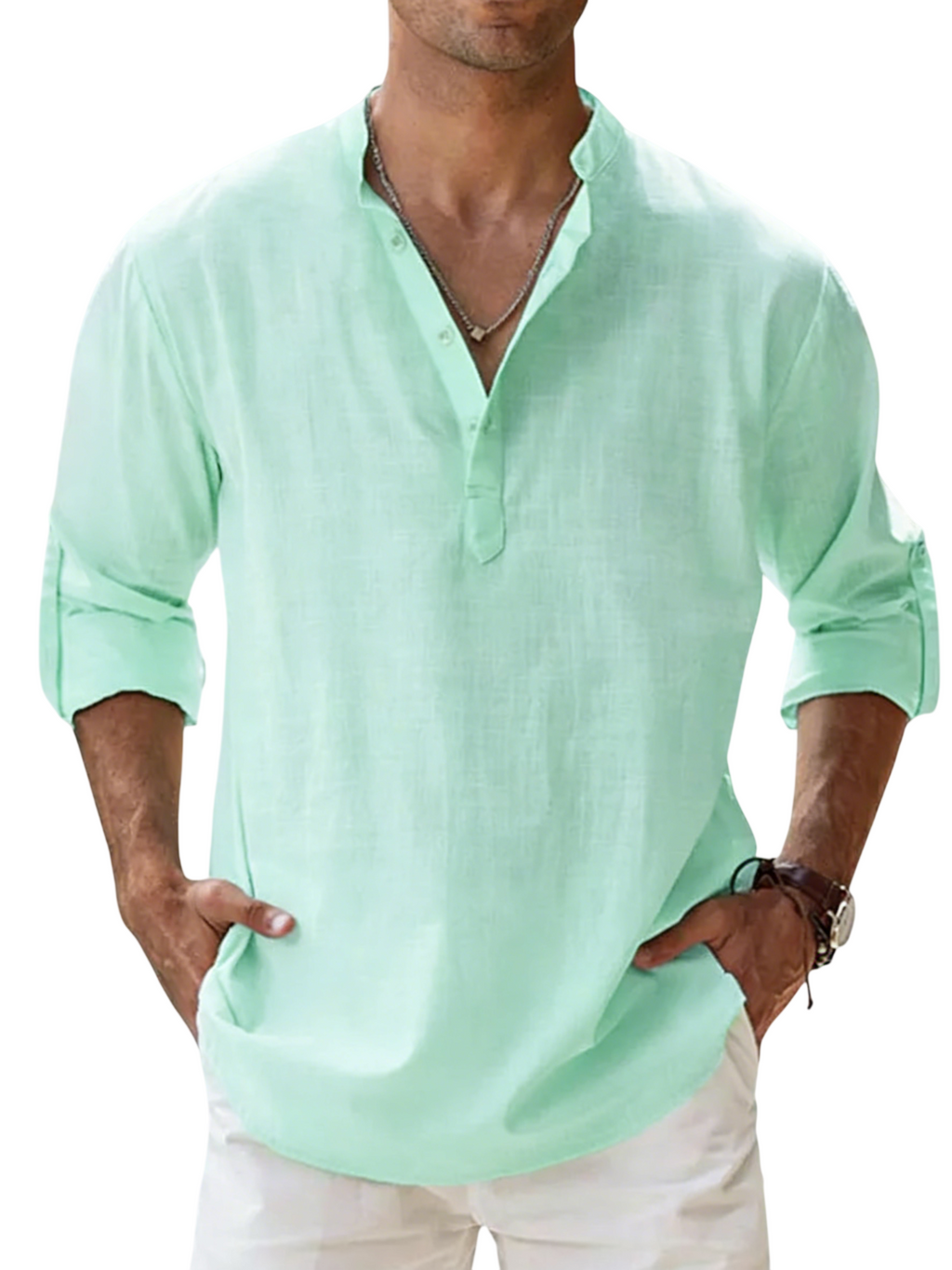 Men's Linen Cotton Blend Long Sleeve Stand Collar Shirt – Strand