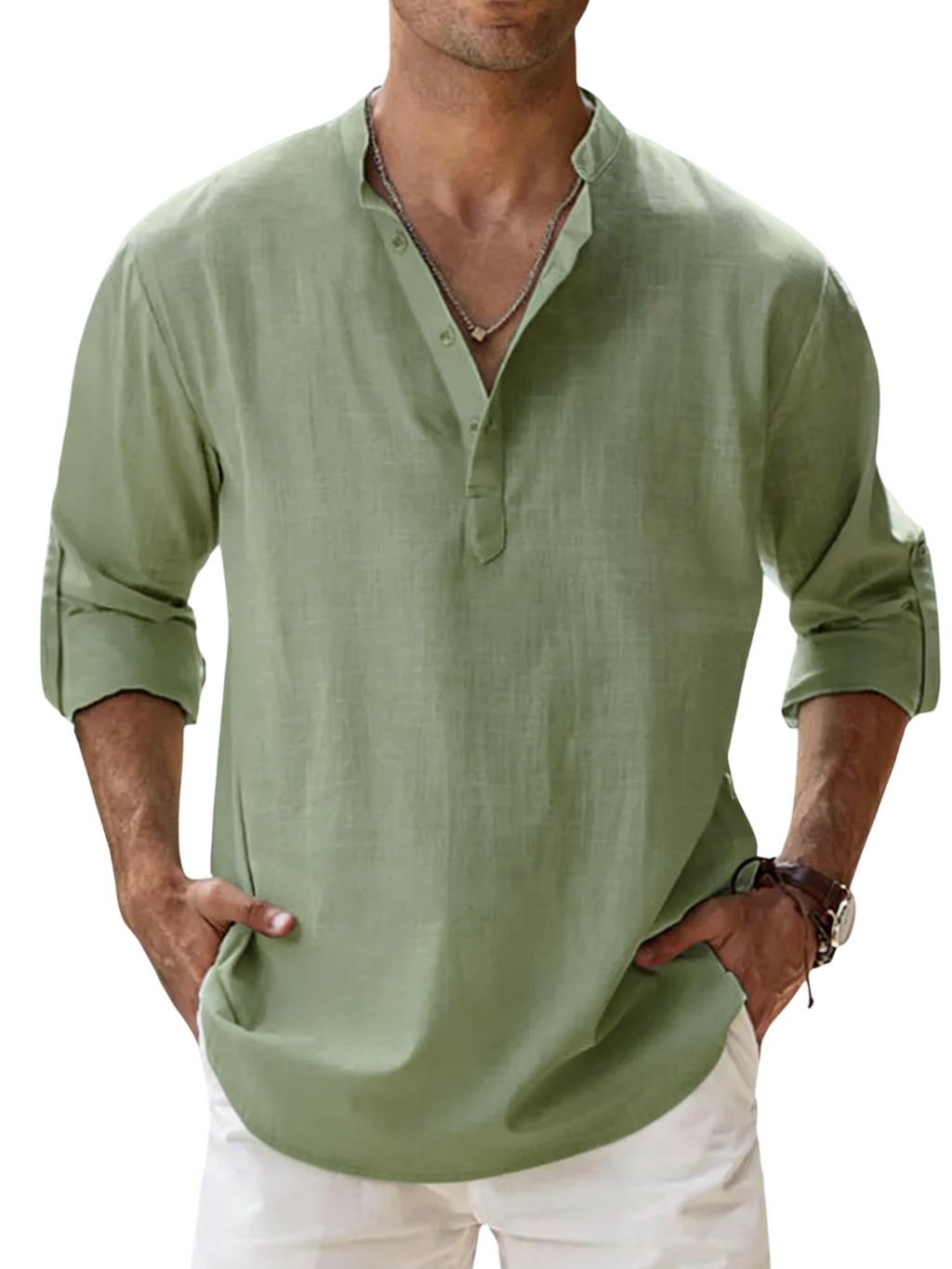 Men's Linen Cotton Blend Long Sleeve Stand Collar Shirt – Strand