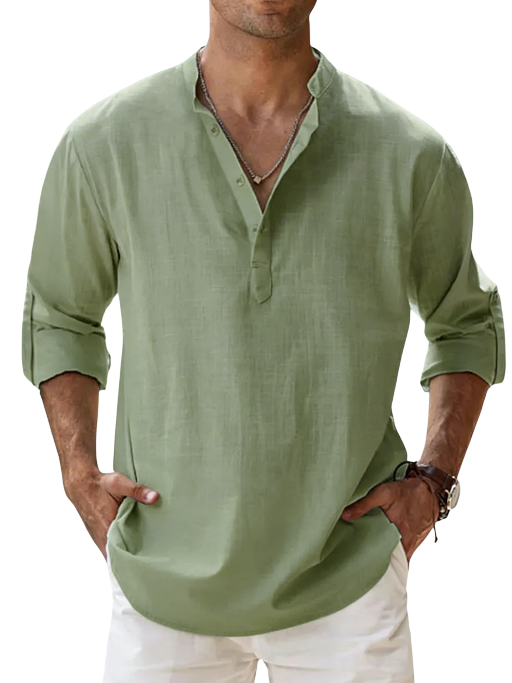 Men's Linen Cotton Blend Long Sleeve Stand Collar Shirt – Strand