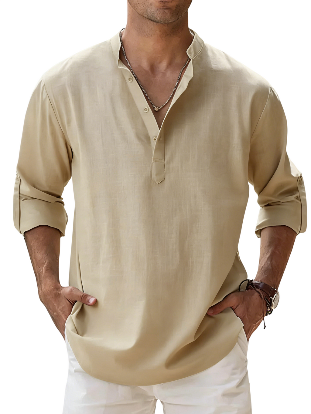 Men's Linen Cotton Blend Long Sleeve Stand Collar Shirt – Strand