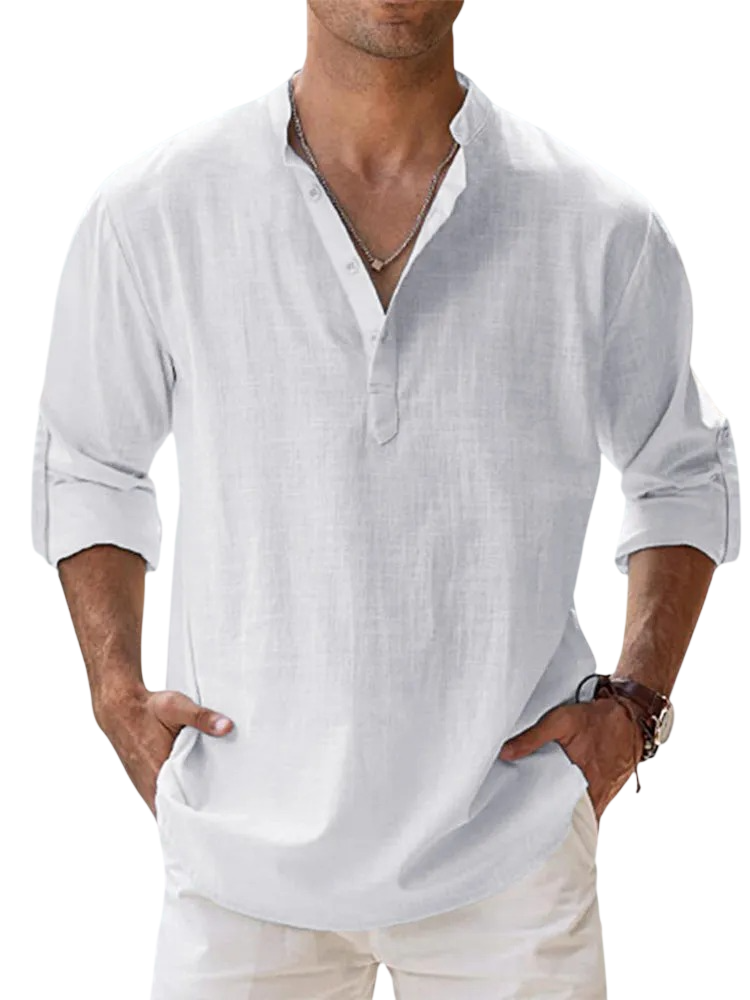 Men's Linen Cotton Blend Long Sleeve Stand Collar Shirt – Strand