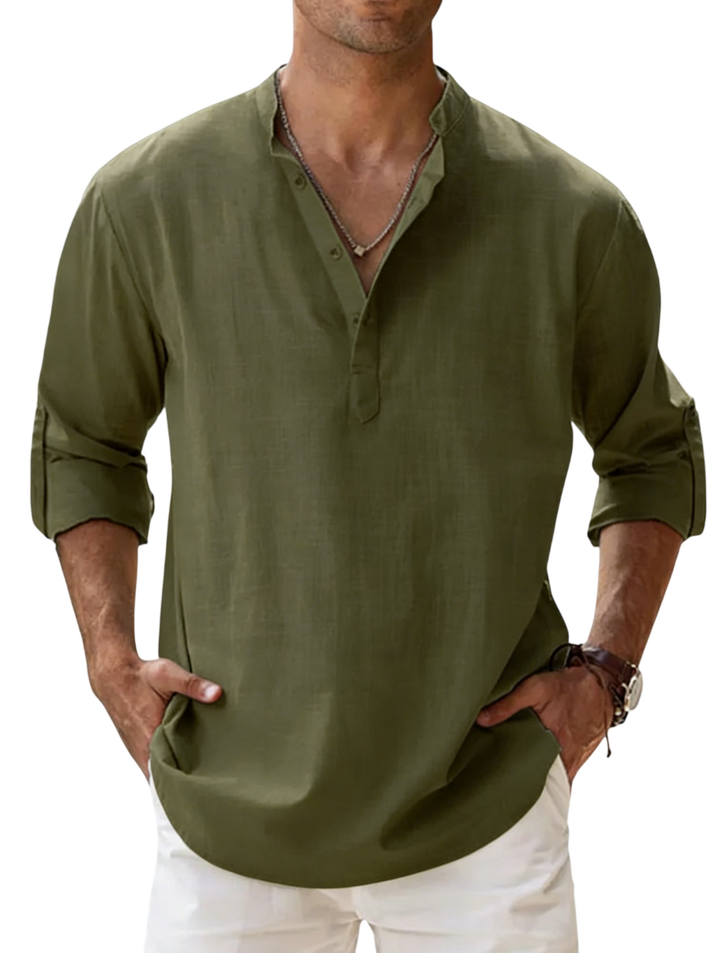 Men's Linen Cotton Blend Long Sleeve Stand Collar Shirt – Strand