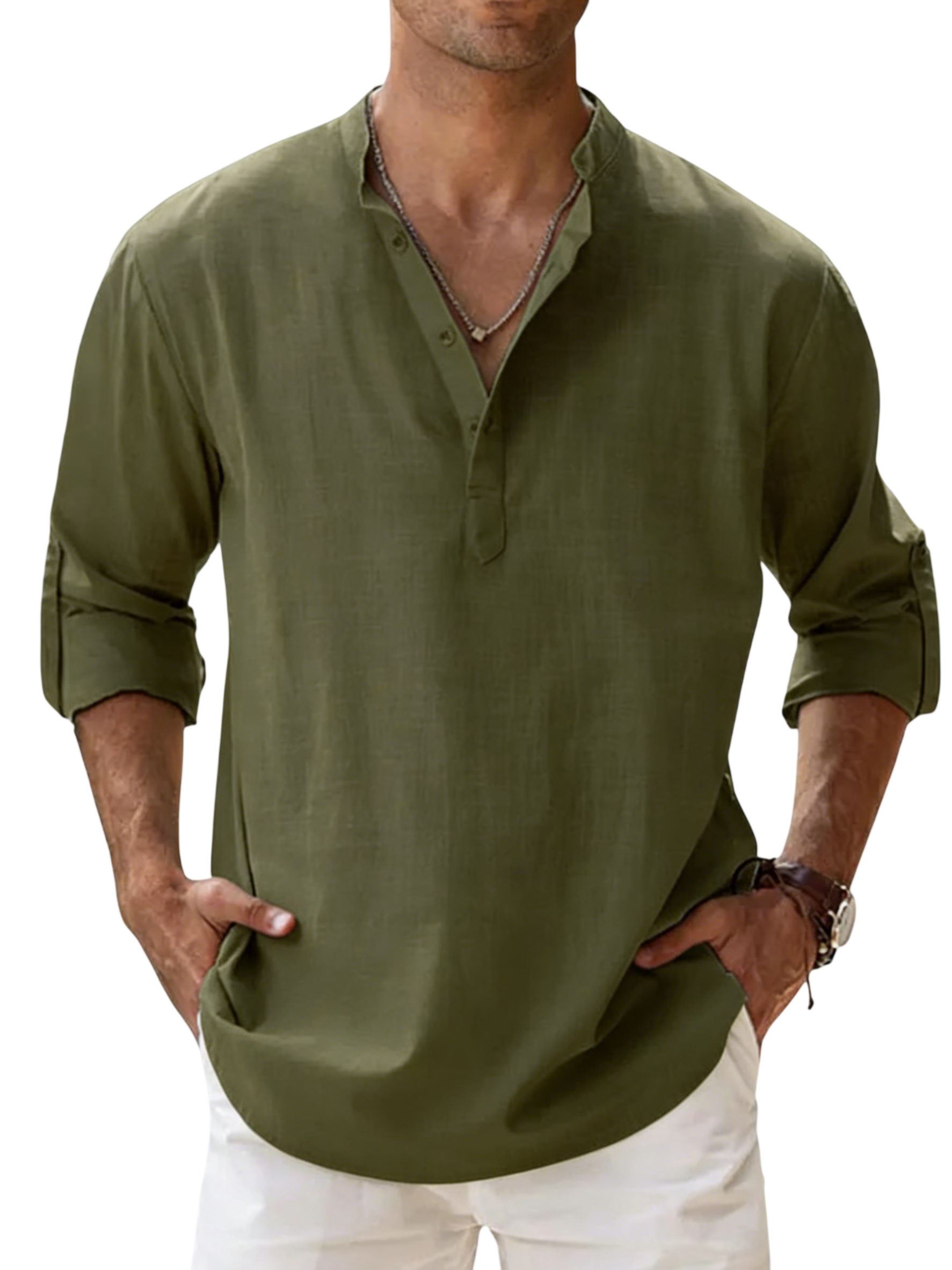 Men's Linen Cotton Blend Long Sleeve Stand Collar Shirt – Strand