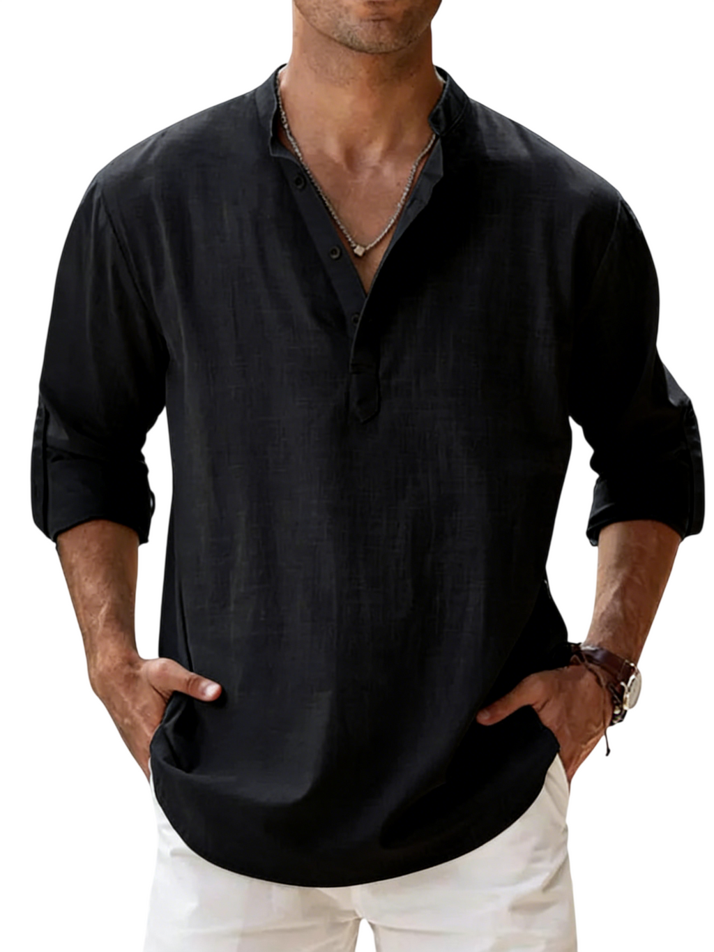 Men's Linen Cotton Blend Long Sleeve Stand Collar Shirt – Strand