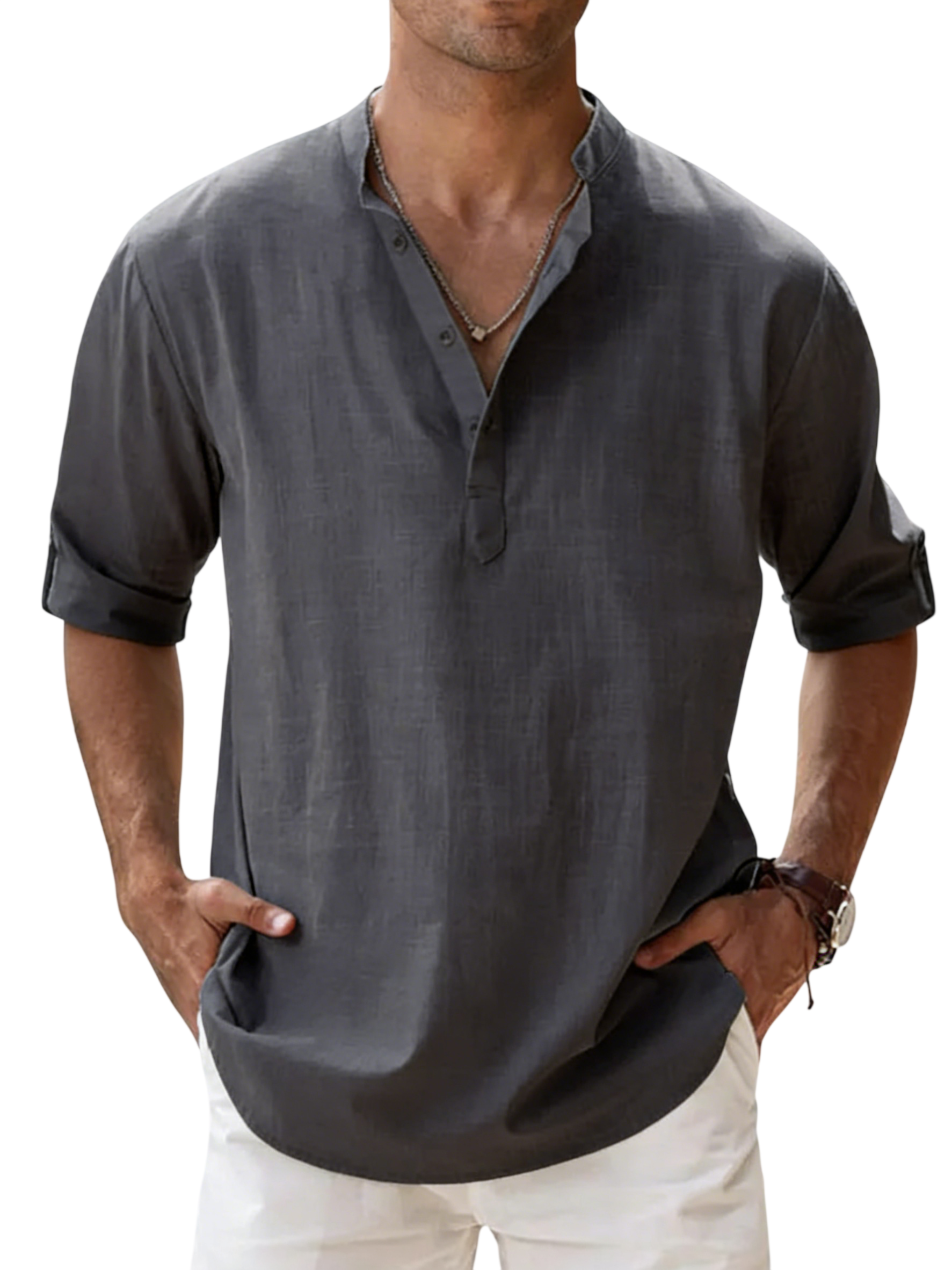 Men's Linen Cotton Blend Long Sleeve Stand Collar Shirt – Strand