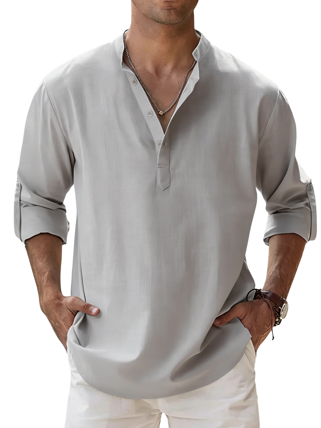Men's Linen Cotton Blend Long Sleeve Stand Collar Shirt – Strand