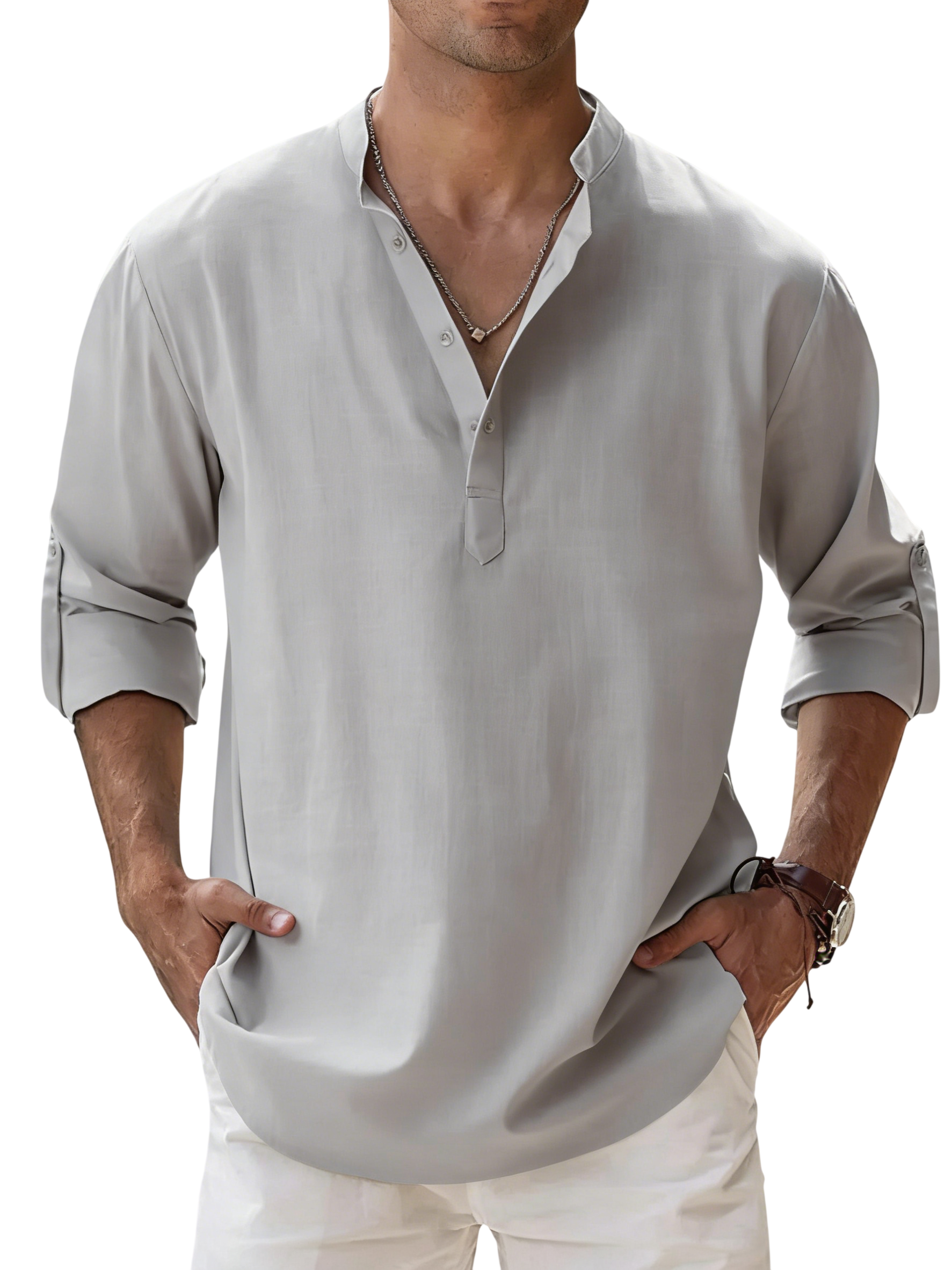 Men's Linen Cotton Blend Long Sleeve Stand Collar Shirt – Strand