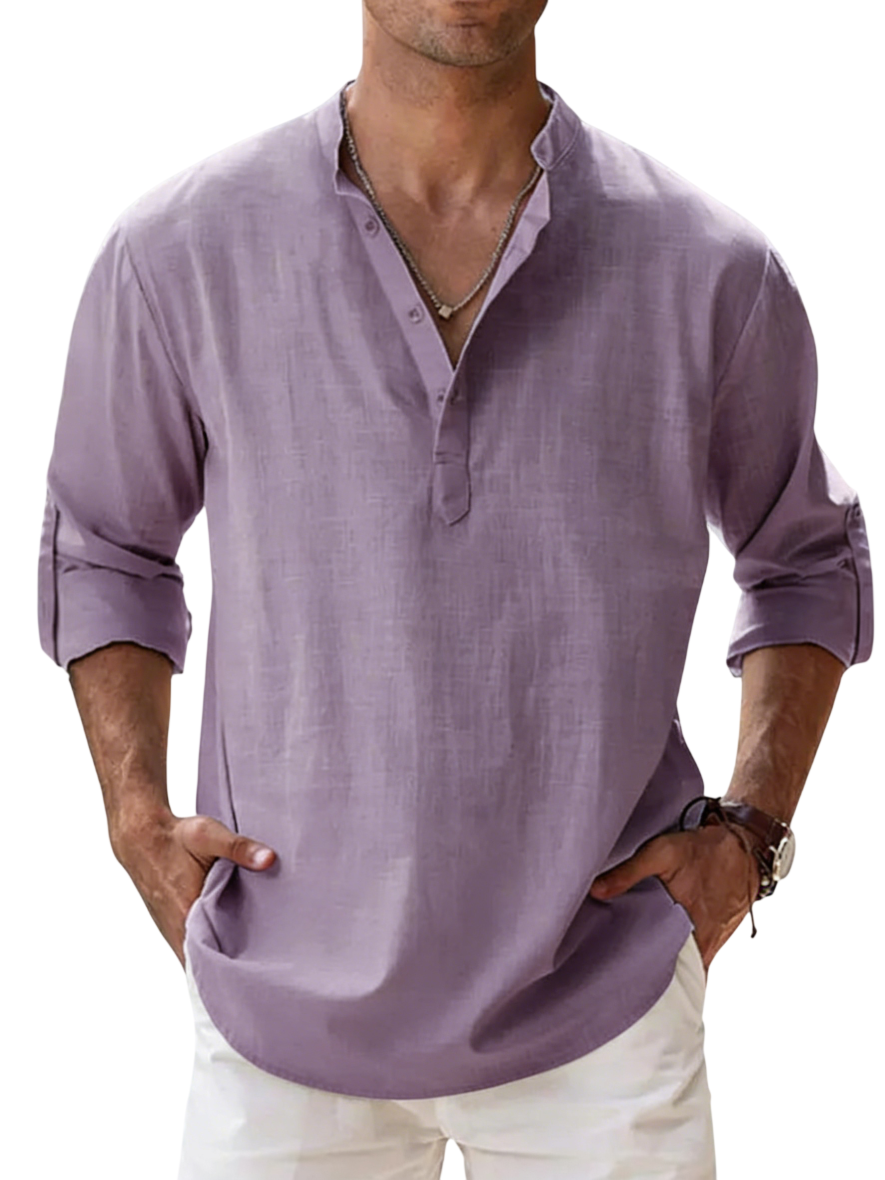 Men's Linen Cotton Blend Long Sleeve Stand Collar Shirt – Strand