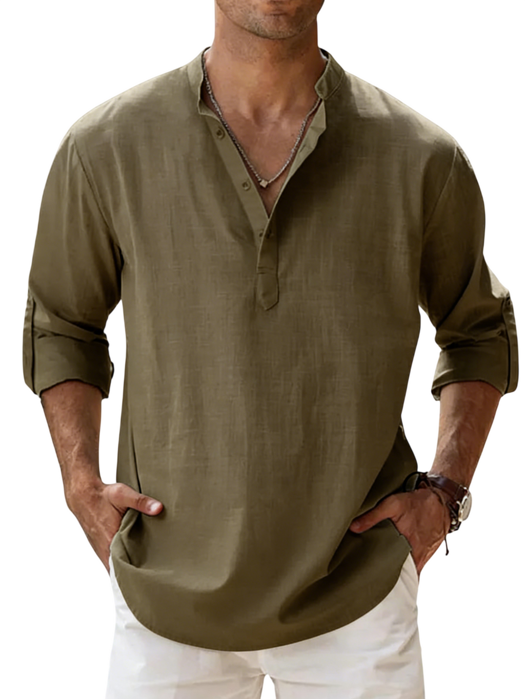 Men's Linen Cotton Blend Long Sleeve Stand Collar Shirt – Strand