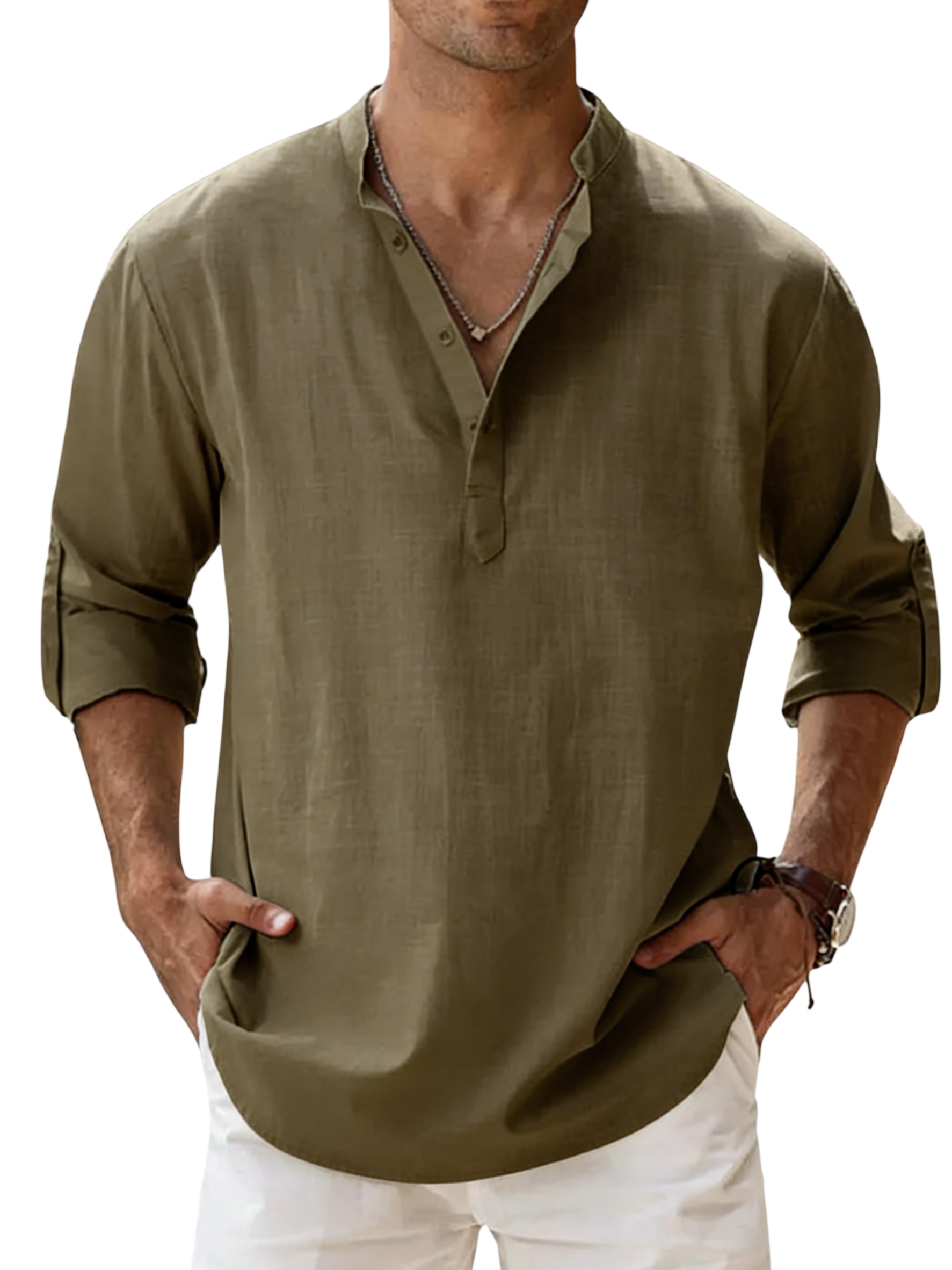 Men's Linen Cotton Blend Long Sleeve Stand Collar Shirt – Strand
