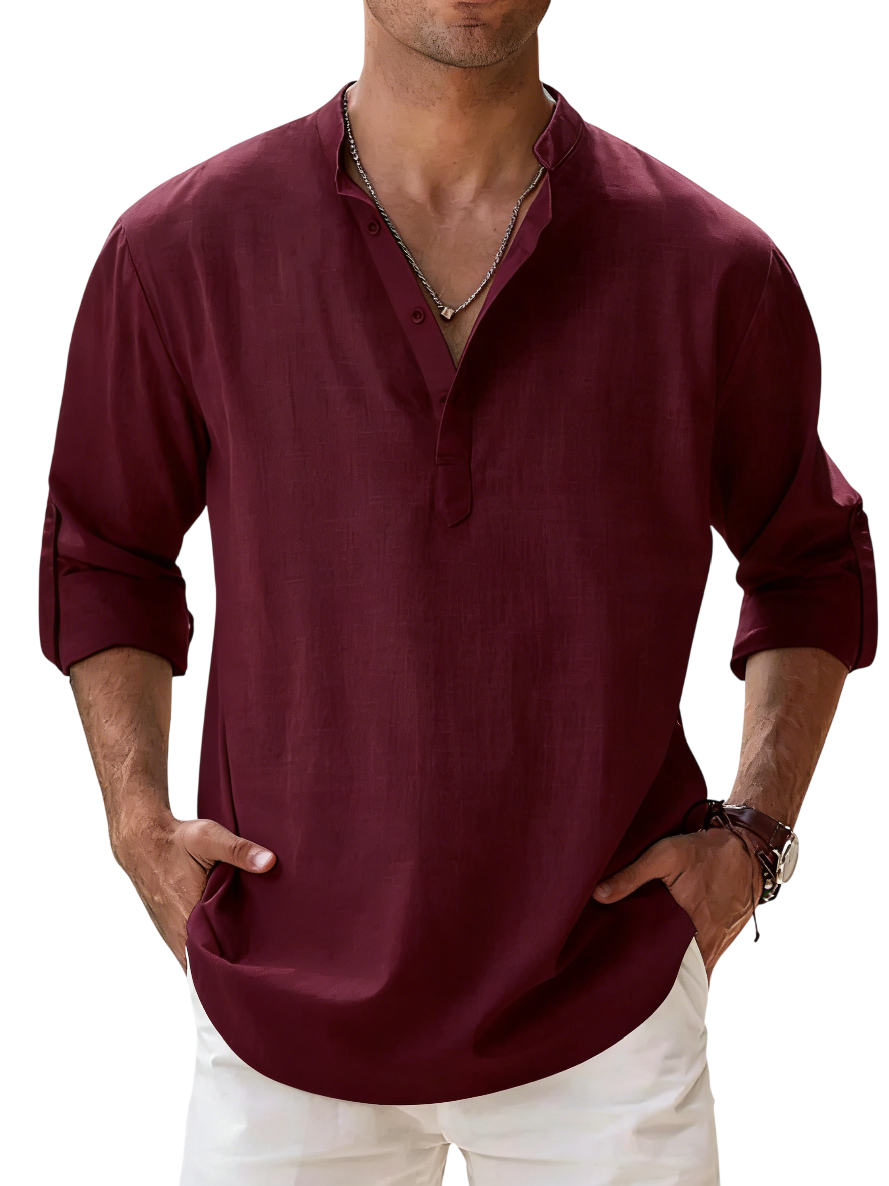 Men's Linen Cotton Blend Long Sleeve Stand Collar Shirt – Strand