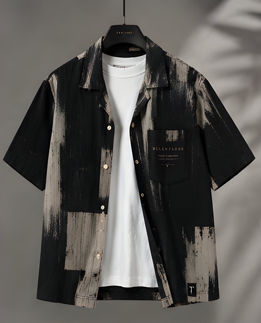 Relentless Brushstroke Camp Collar Shirt - Black