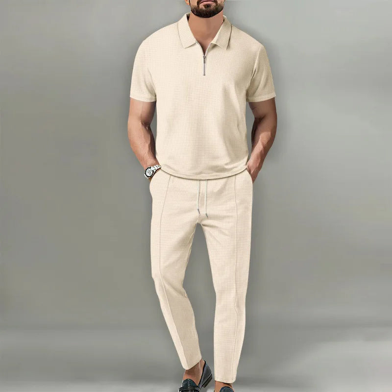 Waffle Knit Zip Polo & Tapered Trouser Matching Set in Beige – Cruz