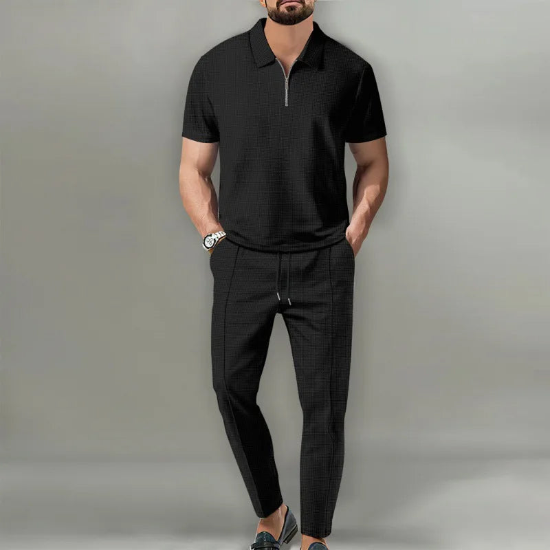 Waffle Knit Zip Polo & Tapered Trouser Matching Set in Beige – Cruz