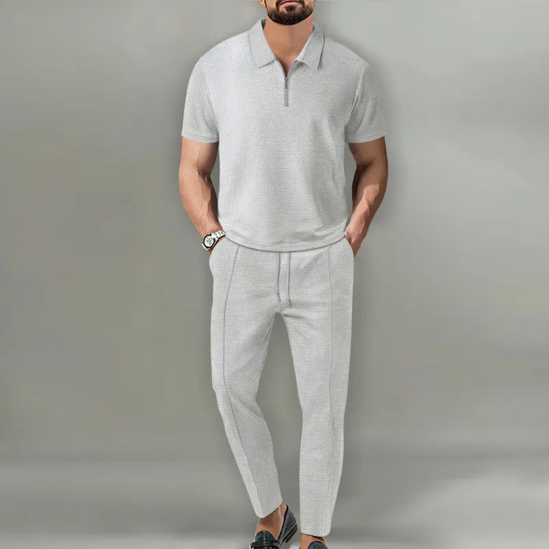Waffle Knit Zip Polo & Tapered Trouser Matching Set in Beige – Cruz