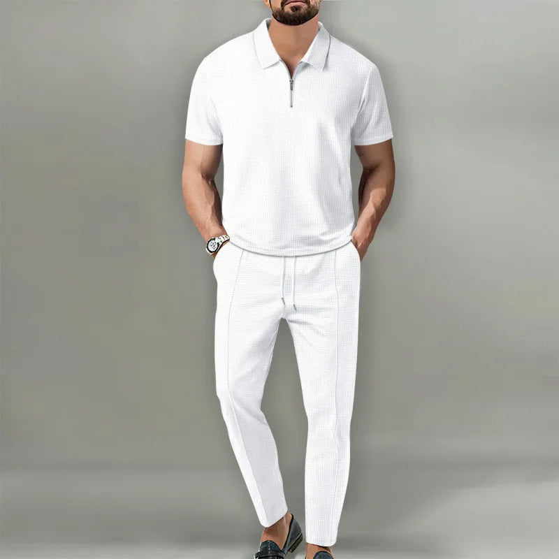 Waffle Knit Zip Polo & Tapered Trouser Matching Set in Beige – Cruz