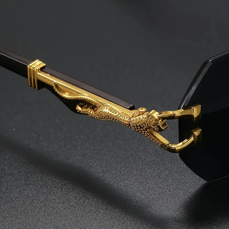 Rimless Polygon Sunglasses Alloy Frame Leopard Temple Detail – Voss