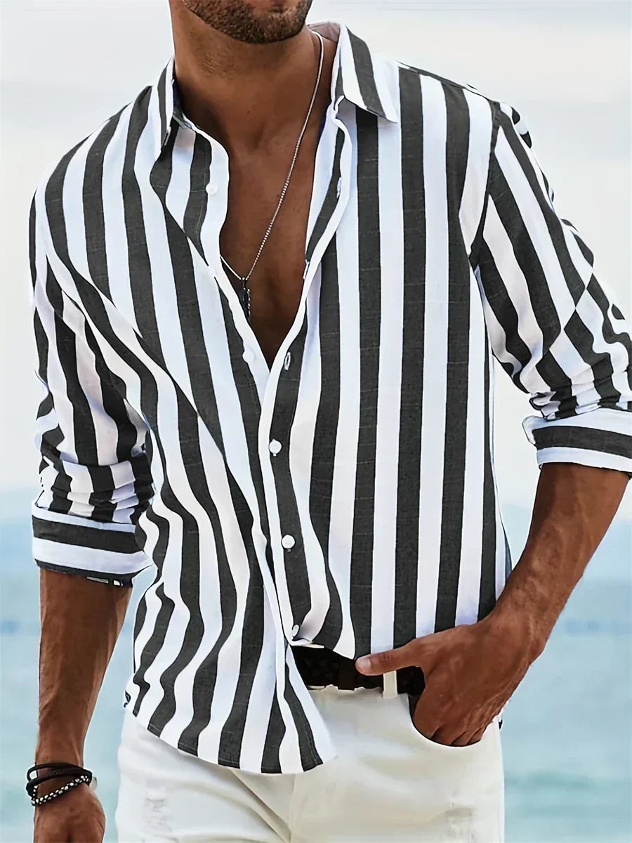 Striped Long Sleeve Button Front Shirt in Black – Stern
