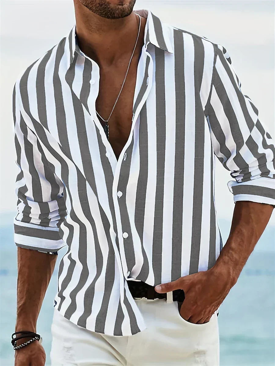 Model wearing striped long sleeve button front shirt in Black – TARLANO