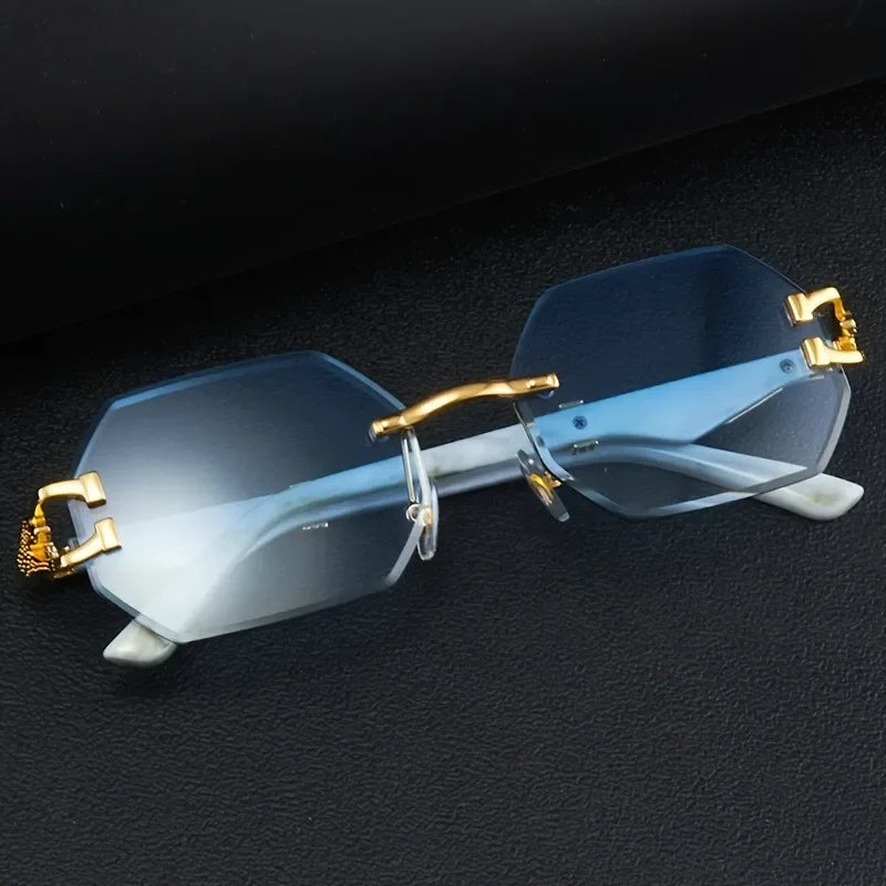 Rimless Polygon Sunglasses Alloy Frame Leopard Temple Detail – Voss