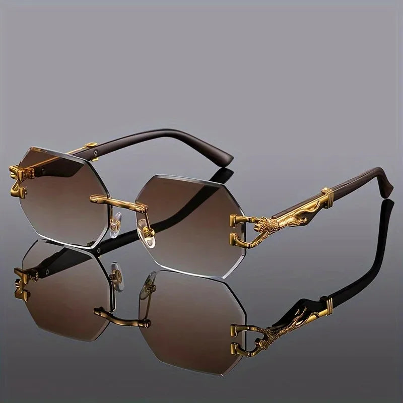 Rimless Polygon Sunglasses Alloy Frame Leopard Temple Detail – Voss