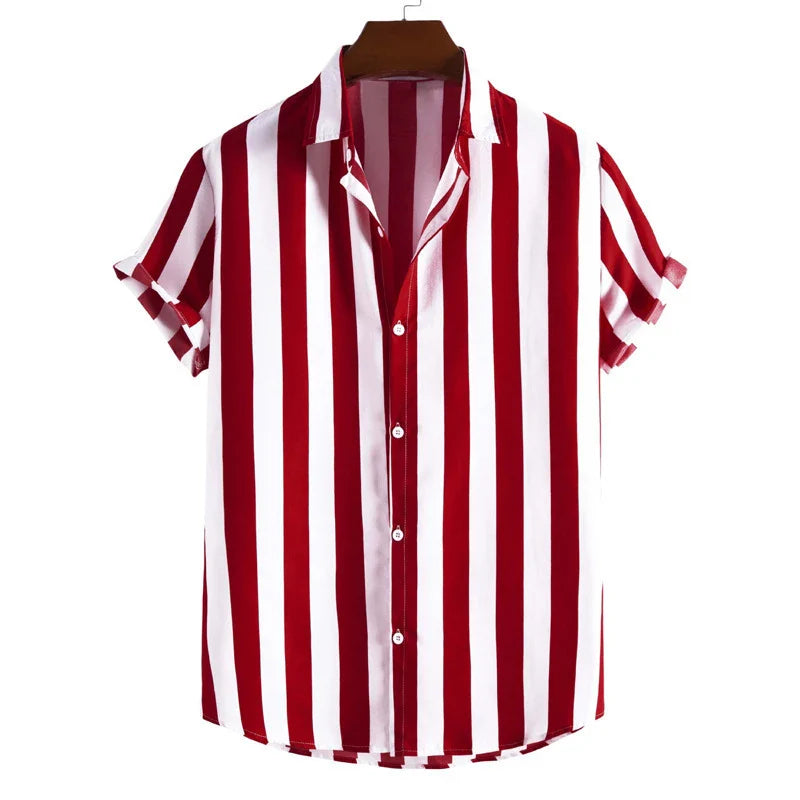Model wearing stripe short sleeve button-up shirt in Black – TARLANO