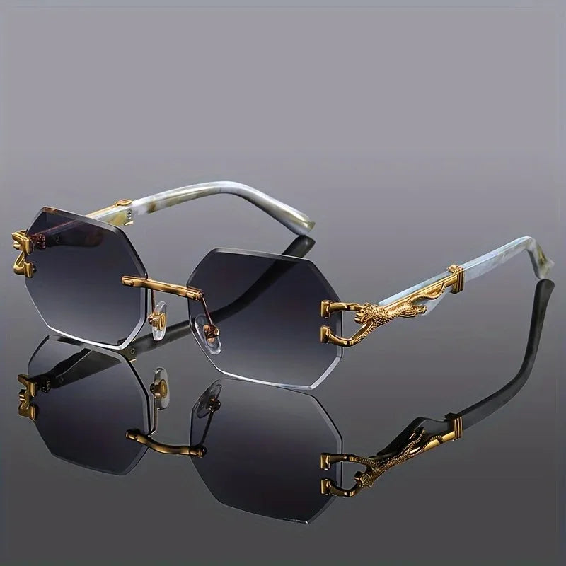 Rimless Polygon Sunglasses Alloy Frame Leopard Temple Detail – Voss