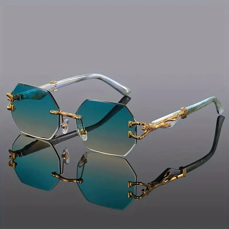 Rimless Polygon Sunglasses Alloy Frame Leopard Temple Detail – Voss