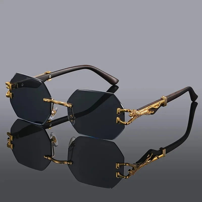 Rimless Polygon Sunglasses Alloy Frame Leopard Temple Detail – Voss