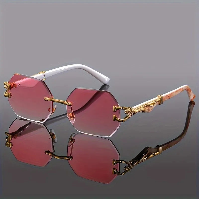Rimless Polygon Sunglasses Alloy Frame Leopard Temple Detail – Voss