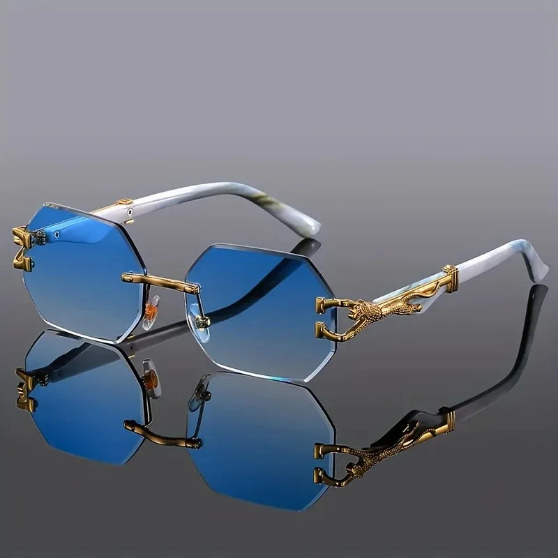 Rimless Polygon Sunglasses Alloy Frame Leopard Temple Detail – Voss