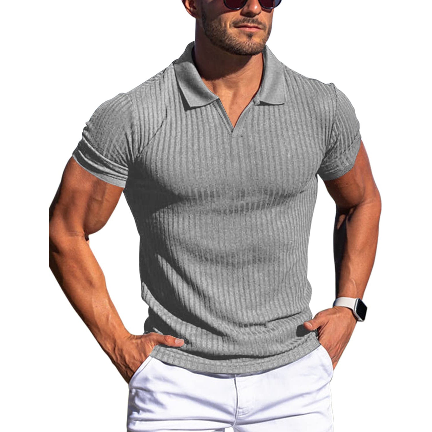 Slim Fit Ribbed Polo V-Neck Tailored Collar – Kade