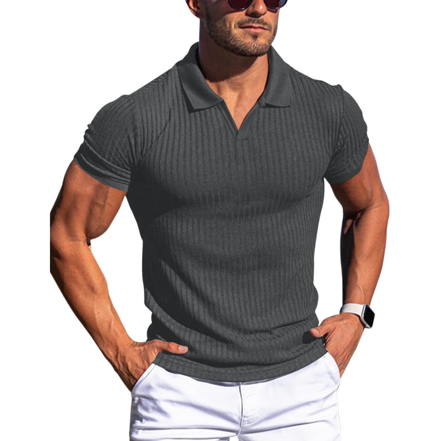 Slim Fit Ribbed Polo V-Neck Tailored Collar – Kade