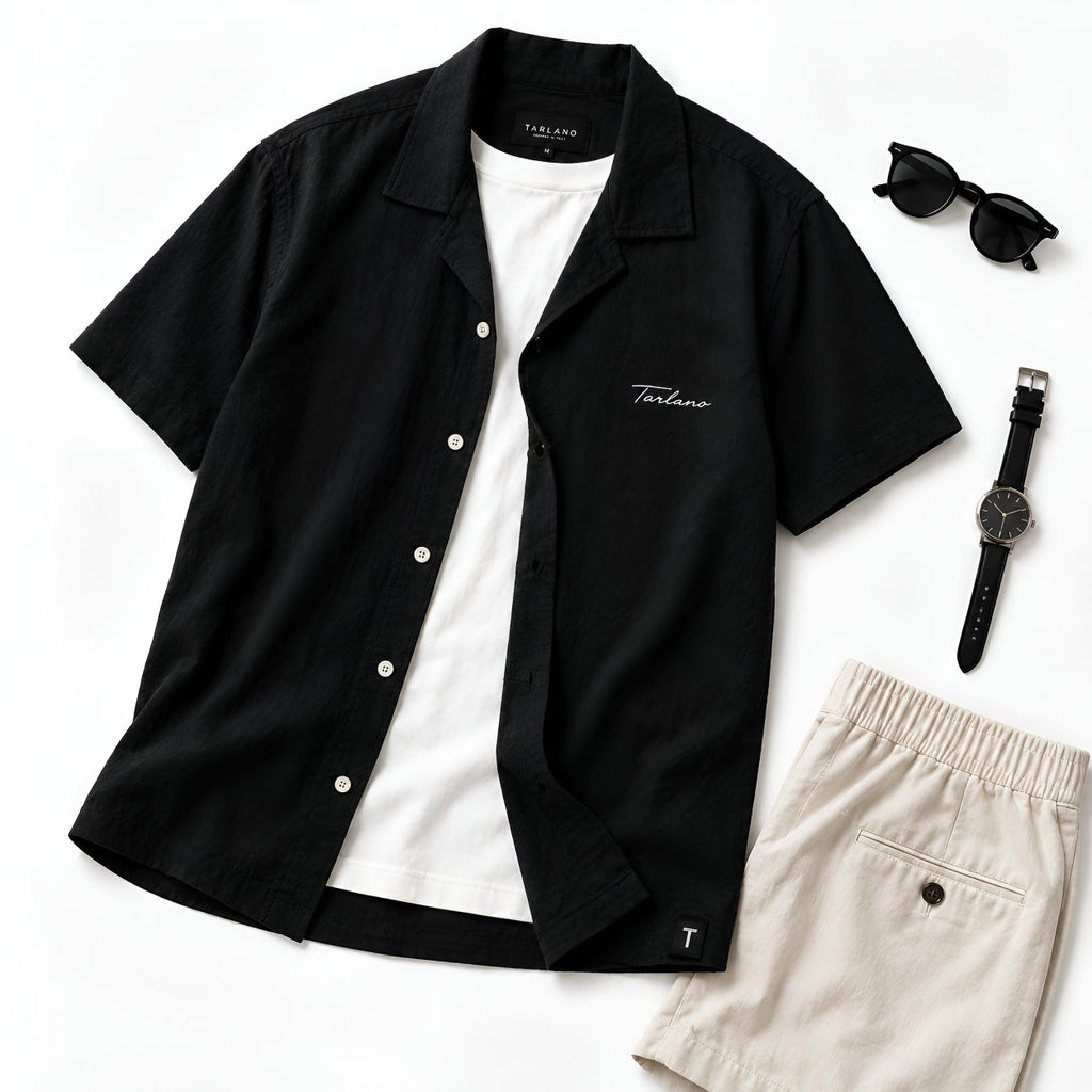 Textured Camp Collar Short Sleeve Shirt - Black