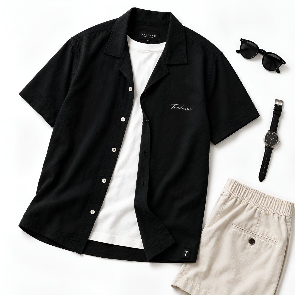 Textured Camp Collar Short Sleeve Shirt - Black