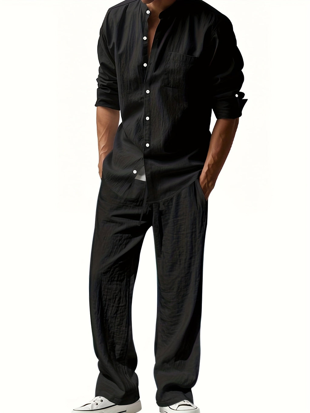 Men's Linen Two-Piece Set Stand Collar Shirt & Relaxed Trouser – Marsh