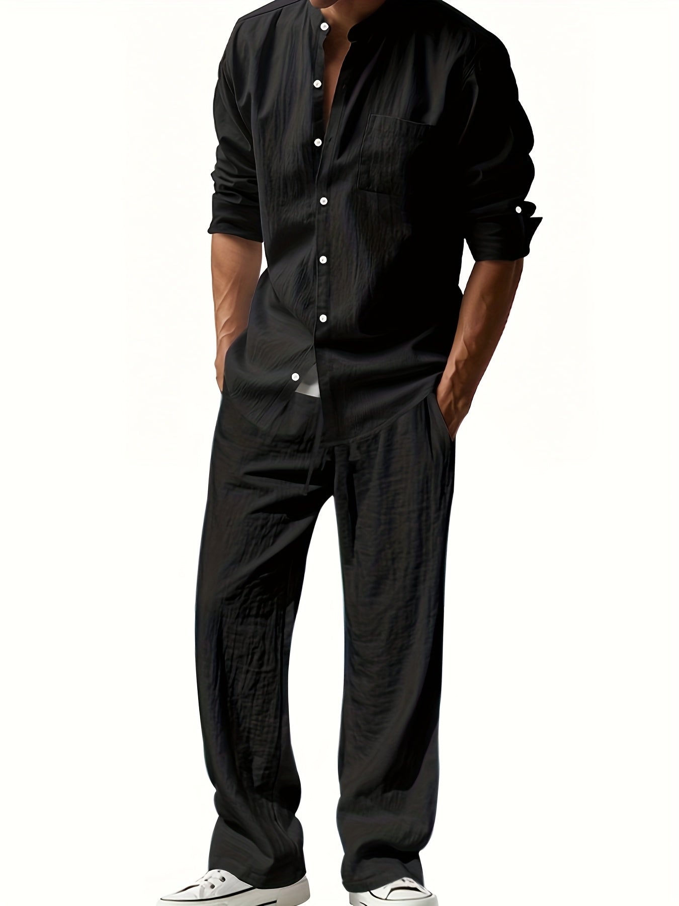 Men's Linen Two-Piece Set Stand Collar Shirt & Relaxed Trouser – Marsh