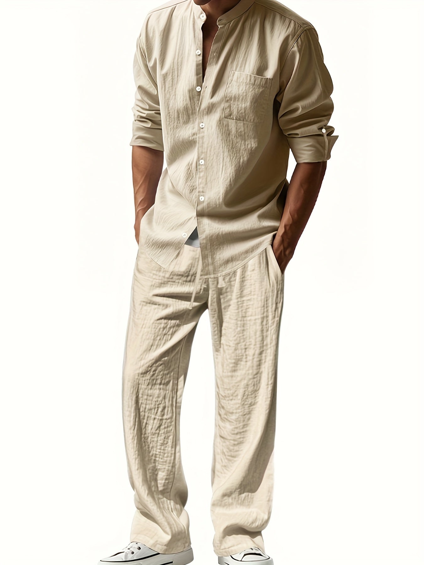 Men's Linen Two-Piece Set Stand Collar Shirt & Relaxed Trouser – Marsh