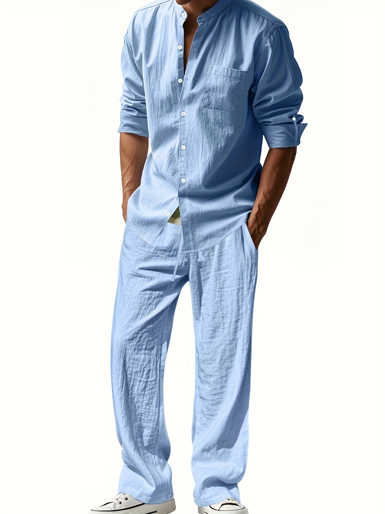 Men's Linen Two-Piece Set Stand Collar Shirt & Relaxed Trouser – Marsh