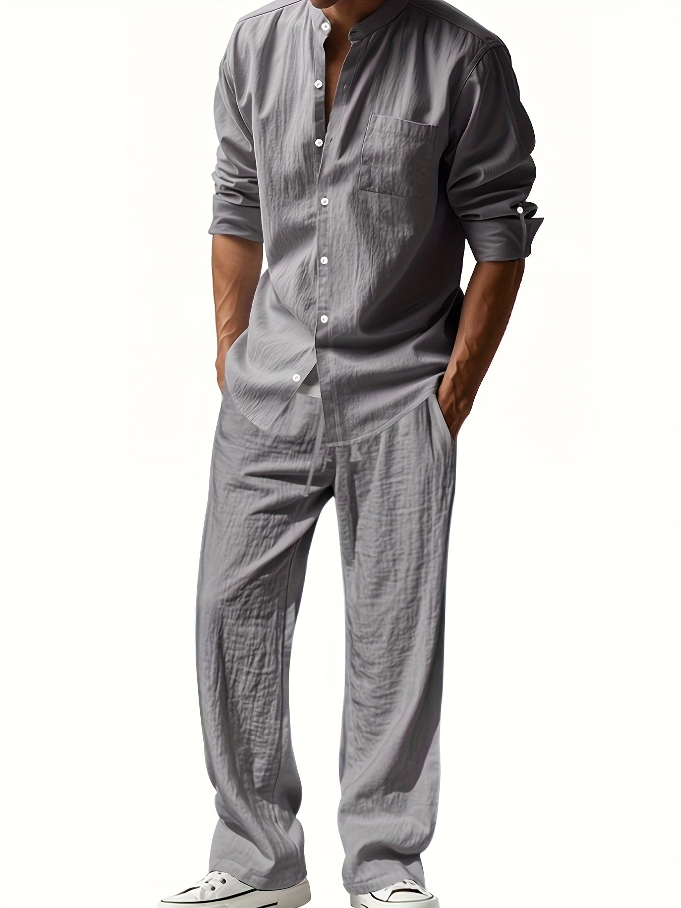 Men's Linen Two-Piece Set Stand Collar Shirt & Relaxed Trouser – Marsh
