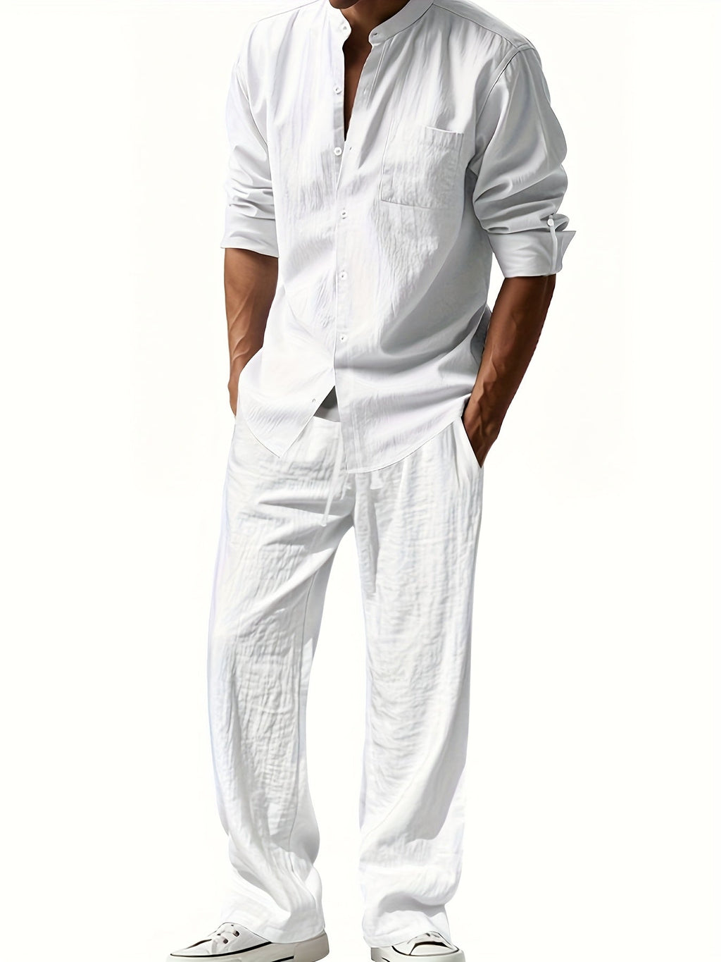 Men's Linen Two-Piece Set Stand Collar Shirt & Relaxed Trouser – Marsh