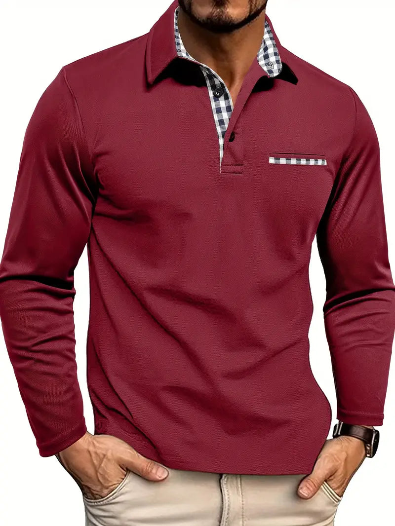Model wearing long sleeve contrast collar polo in Blue – TARLANO