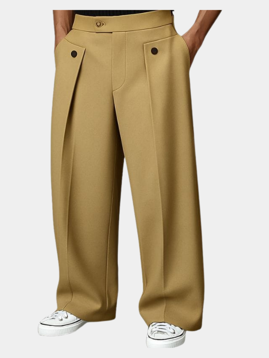 Wide-leg pleated woven trouser in khaki – TARLANO