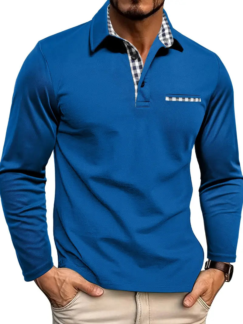 Long Sleeve Polo Shirt with Contrast Collar in Blue – Cole