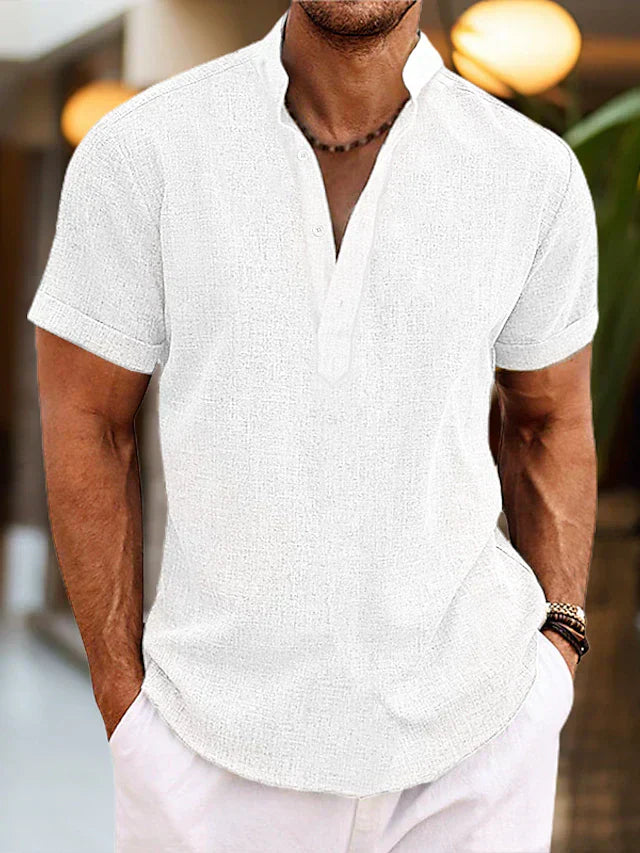 Men's Henley Short Sleeve Shirt Textured Woven Button Placket – Tallo