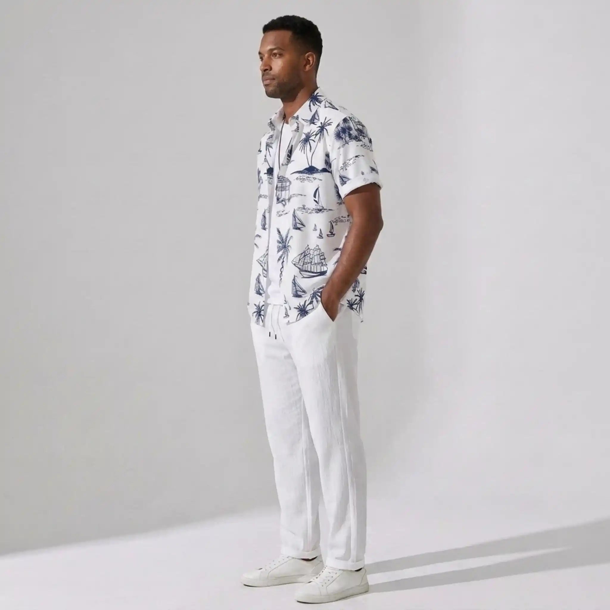 Button Up Shirt and Straight Leg Pants 2-Piece Set Island Print – Maxo