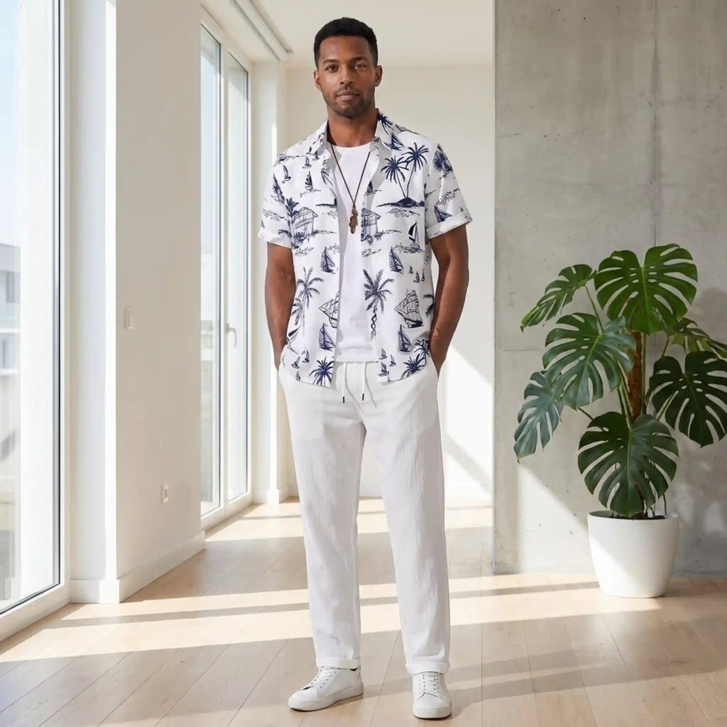 Button Up Shirt and Straight Leg Pants 2-Piece Set Island Print – Maxo